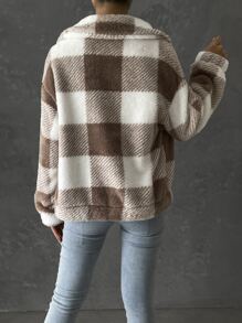 SHEIN Essnce Buffalo Plaid Print Drop Shoulder Flannel Jacket - Khaki - View 2