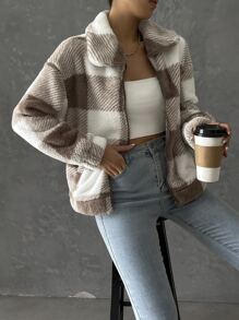 SHEIN Essnce Buffalo Plaid Print Drop Shoulder Flannel Jacket - Khaki - View 3