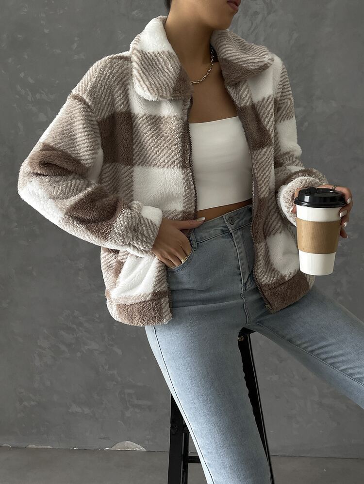 SHEIN Essnce Buffalo Plaid Print Drop Shoulder Flannel Jacket - Khaki - View 3