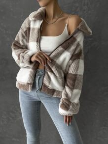 SHEIN Essnce Buffalo Plaid Print Drop Shoulder Flannel Jacket - Khaki - View 4