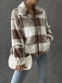 SHEIN Essnce Buffalo Plaid Print Drop Shoulder Flannel Jacket - Khaki - View 5