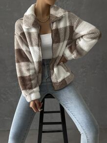 SHEIN Essnce Buffalo Plaid Print Drop Shoulder Flannel Jacket - Khaki - View 6