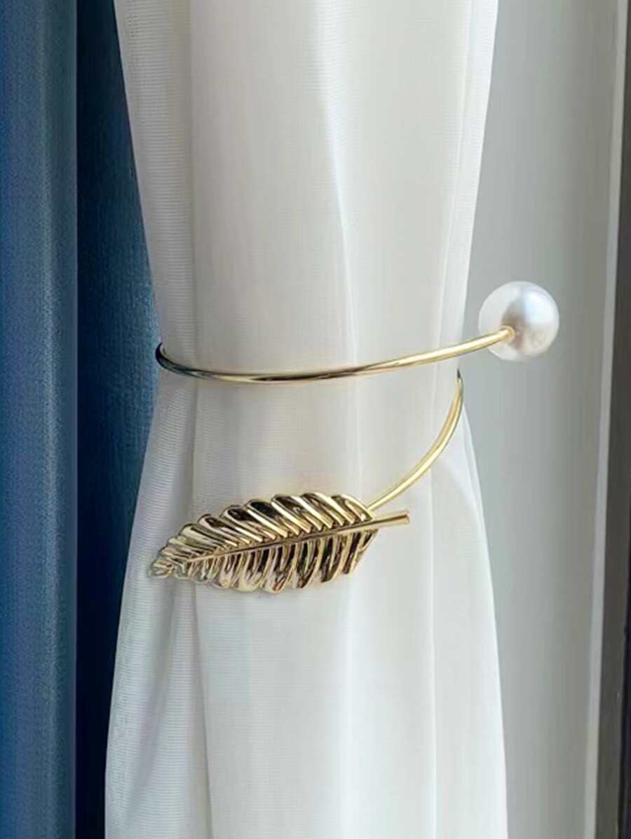 1pc Leaf & Faux Pearl Decor Curtain Holdback, Minimalist Iron Alloy Curtain Holder For Household - Gold - View 1