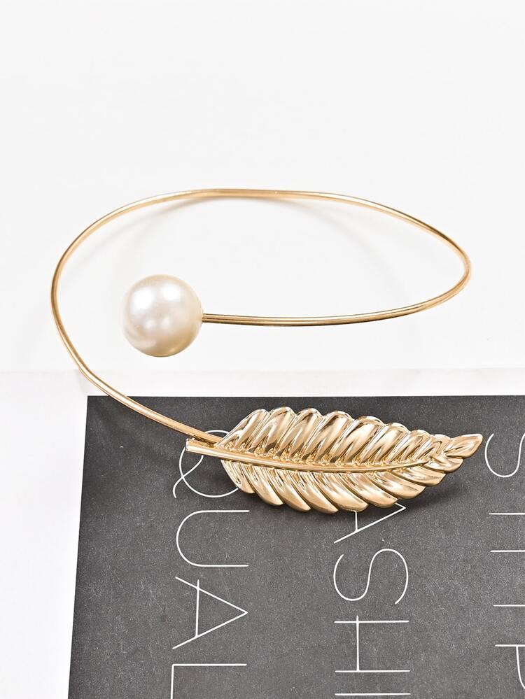 1入組樹葉和人造珍珠裝飾窗簾擋板 - 金色 - 查看 4