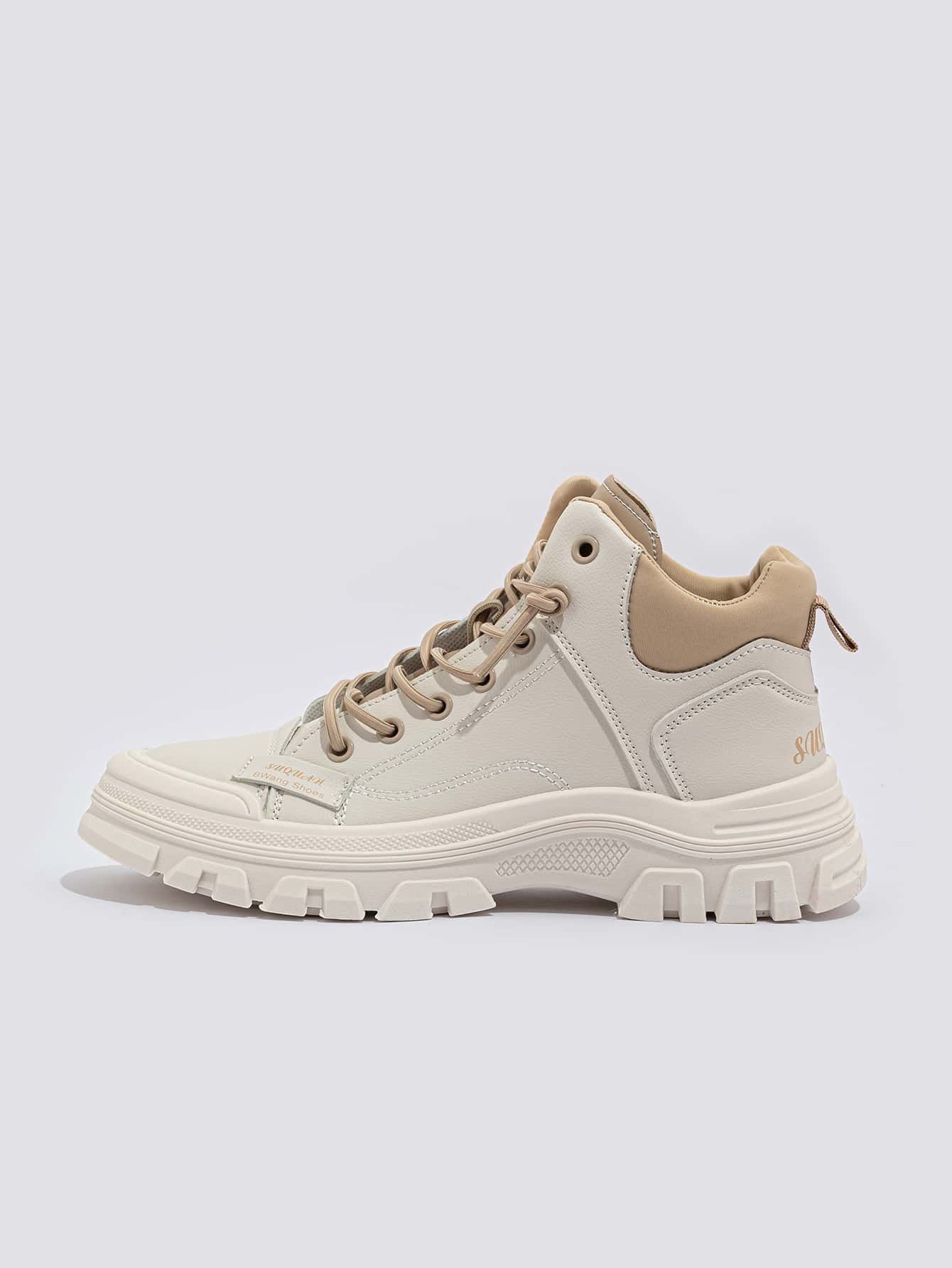 Fall/Winter Two Tone High Top Lace-Up Front Chunky Sneakers, Women's Casual Sports Shoes, Beige Color With Colorblock Design - Beige - View 4