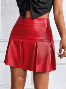 SHEIN ICON High Waist PU Pleated Skirt - Red - View 1