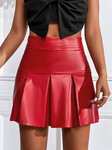 SHEIN ICON High Waist PU Pleated Skirt - Red - View 3
