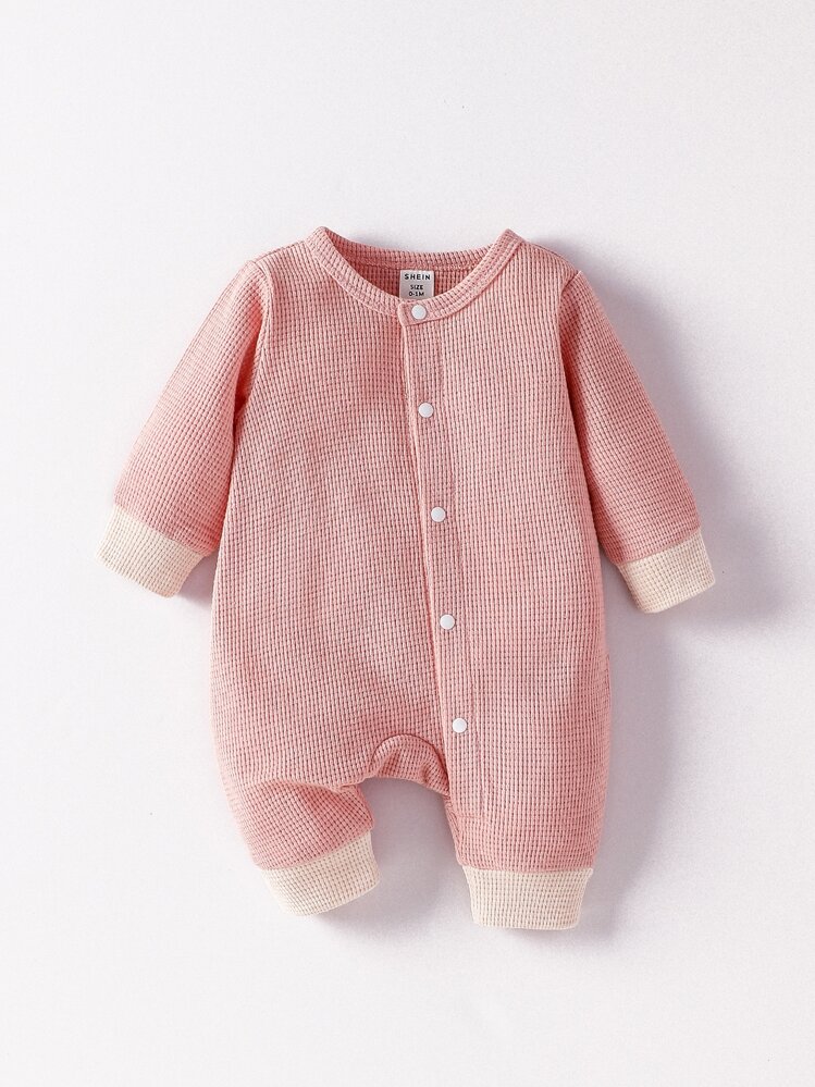 男婴童拼接邊前紐扣連身褲 - 淺粉色 - 查看 1