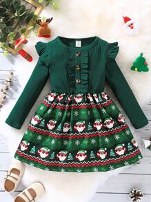 Toddler Girls Christmas Print Ruffle Trim Dress - Dark Green - View 1