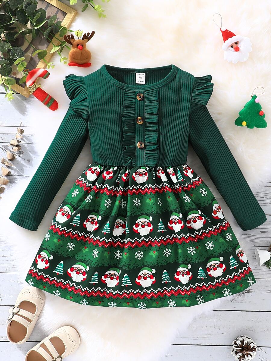 Toddler Girls Christmas Print Ruffle Trim Dress - Dark Green - View 1