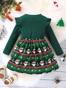 Toddler Girls Christmas Print Ruffle Trim Dress - Dark Green - View 2