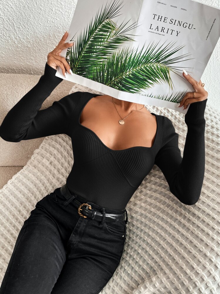 SHEIN Privé Áo len nữ Gân đan màu trơn Thanh lịch - màu đen - Xem 3