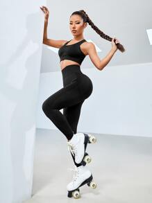 Scrunch Butt Racer Back Tummy Control Sports Set - Black - View 1