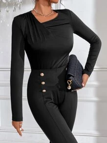 SHEIN Privé Áo thun nữ màu trơn Thanh lịch - màu đen - Xem 4