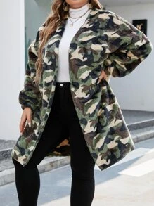 SHEIN EZwear Plus Camo Print Drop Shoulder Teddy Coat - Multicolor - View 1