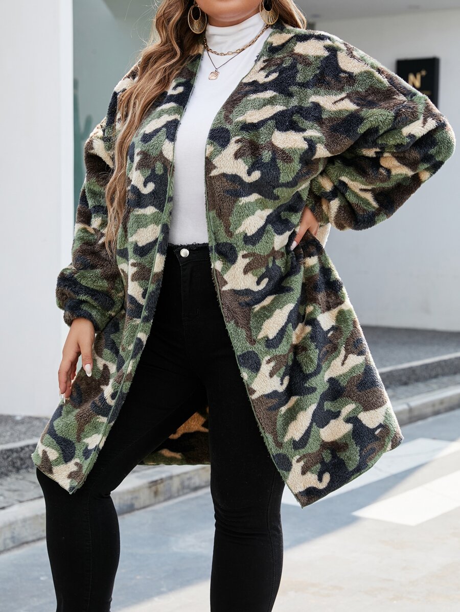 SHEIN EZwear Plus Camo Print Drop Shoulder Teddy Coat - Multicolor - View 1