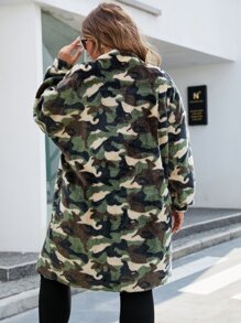 SHEIN EZwear Plus Camo Print Drop Shoulder Teddy Coat - Multicolor - View 2