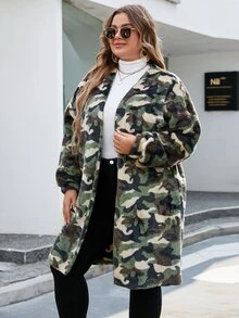 SHEIN EZwear Plus Camo Print Drop Shoulder Teddy Coat - Multicolor - View 3