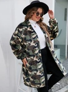 SHEIN EZwear Plus Camo Print Drop Shoulder Teddy Coat - Multicolor - View 4