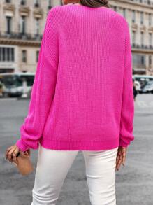 SHEIN LUNE Jersey tejido de canalé de hombros caídos - Rosa Fucsia - Ver 2