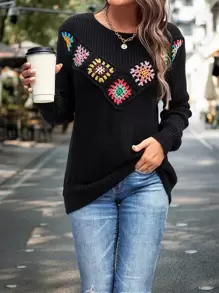 SHEIN LUNE Floral Crochet Ribbed Knit Jumper - Black - View 1