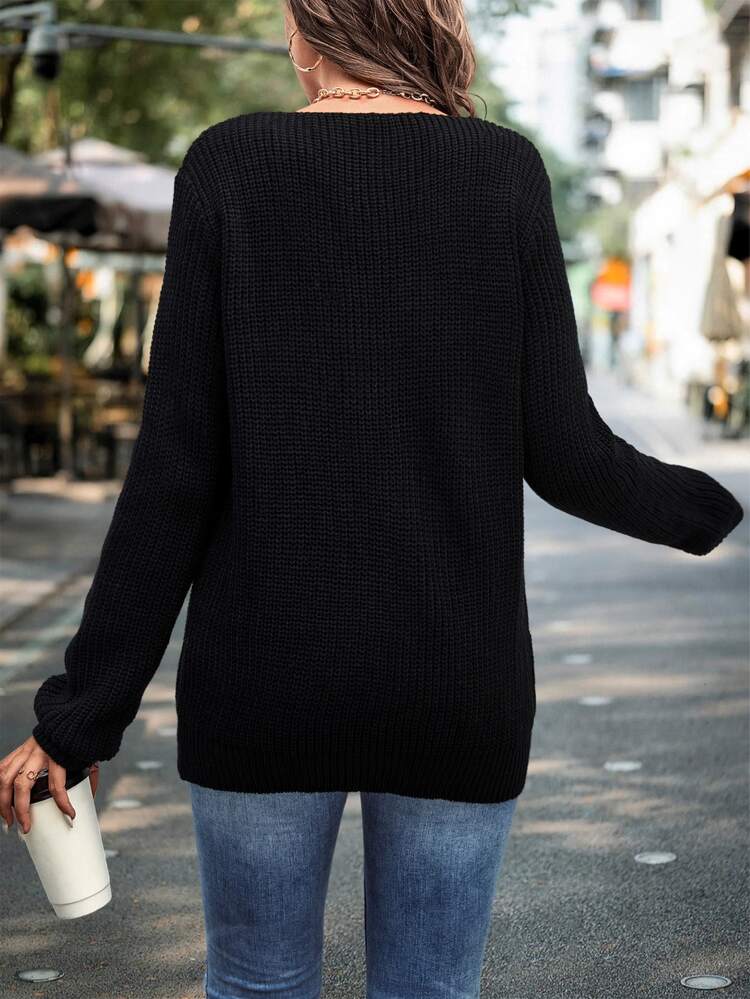 SHEIN LUNE Floral Crochet Ribbed Knit Sweater - Black - View 2