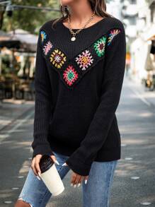 SHEIN LUNE Floral Crochet Ribbed Knit Jumper - Black - View 3