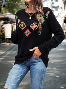 SHEIN LUNE Floral Crochet Ribbed Knit Jumper - Black - View 4