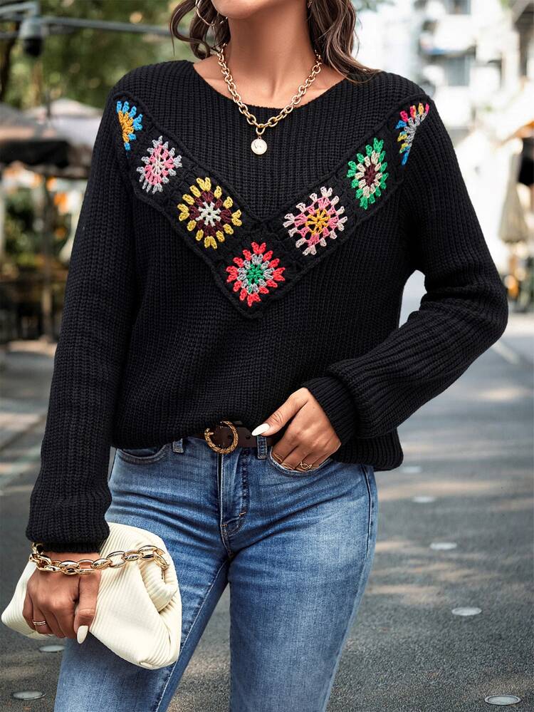 SHEIN LUNE Floral Crochet Ribbed Knit Sweater - Black - View 5