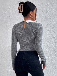 SHEIN Frenchy Contrast Collar Keyhole Back Bodysuit - Grey - View 2