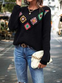 SHEIN LUNE Floral Crochet Ribbed Knit Jumper - Black - View 6