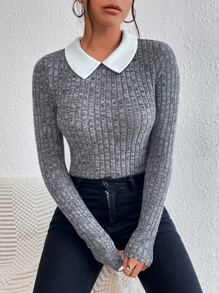 SHEIN Frenchy Contrast Collar Keyhole Back Bodysuit - Grey - View 5