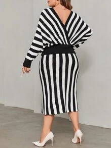 Mulvari Cộng với kích thước áo len co-ords Trọn gói Sọc Thanh lịch - Đen và trắng - Xem 2