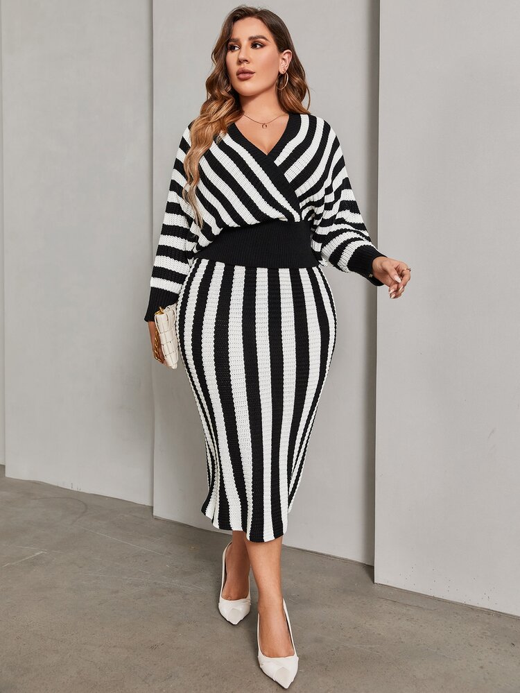 Mulvari Cộng với kích thước áo len co-ords Trọn gói Sọc Thanh lịch - Đen và trắng - Xem 4