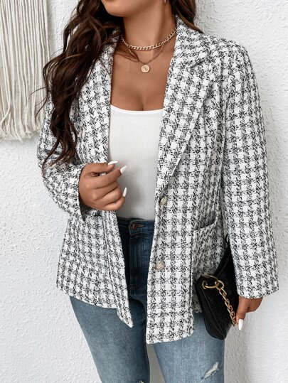 Plus Plaid Dual Pocket Tweed Blazer