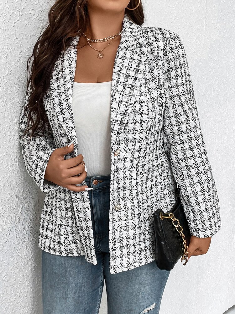 SHEIN LUNE Plus Plaid Dual Pocket Tweed Blazer - Black and White - View 3
