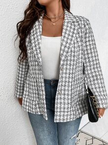 SHEIN LUNE Plus Plaid Dual Pocket Tweed Blazer - Black and White - View 4