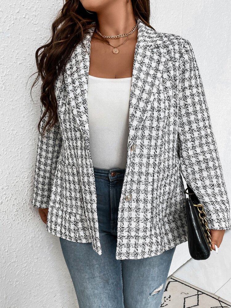 SHEIN LUNE Plus Plaid Dual Pocket Tweed Blazer - Black and White - View 4