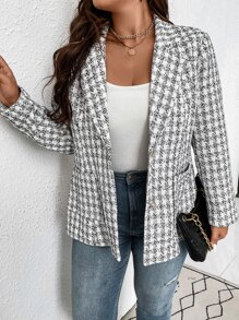 SHEIN LUNE Plus Plaid Dual Pocket Tweed Blazer - Black and White - View 5