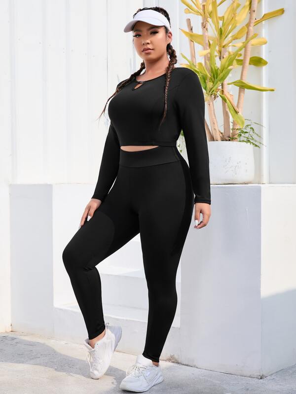 Easithlete Plus Size Cutout Solid Sports Set Workout Women Set