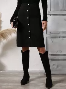 SHEIN Clasi Váy nữ Nút phía trước màu trơn Giải trí - màu đen - Xem 1