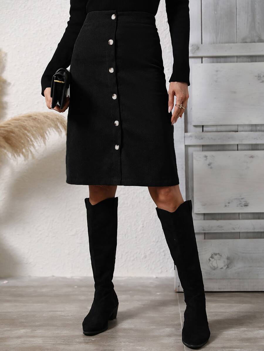 SHEIN Clasi Váy nữ Nút phía trước màu trơn Giải trí - màu đen - Xem 1