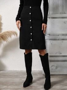 SHEIN Clasi Váy nữ Nút phía trước màu trơn Giải trí - màu đen - Xem 4