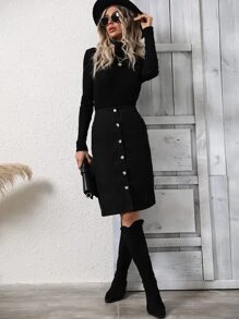 SHEIN Clasi Váy nữ Nút phía trước màu trơn Giải trí - màu đen - Xem 6