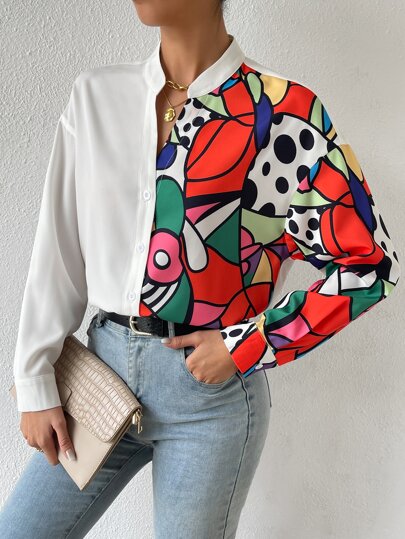 Colorblock Print Stand Collar Drop Shoulder Shirt
