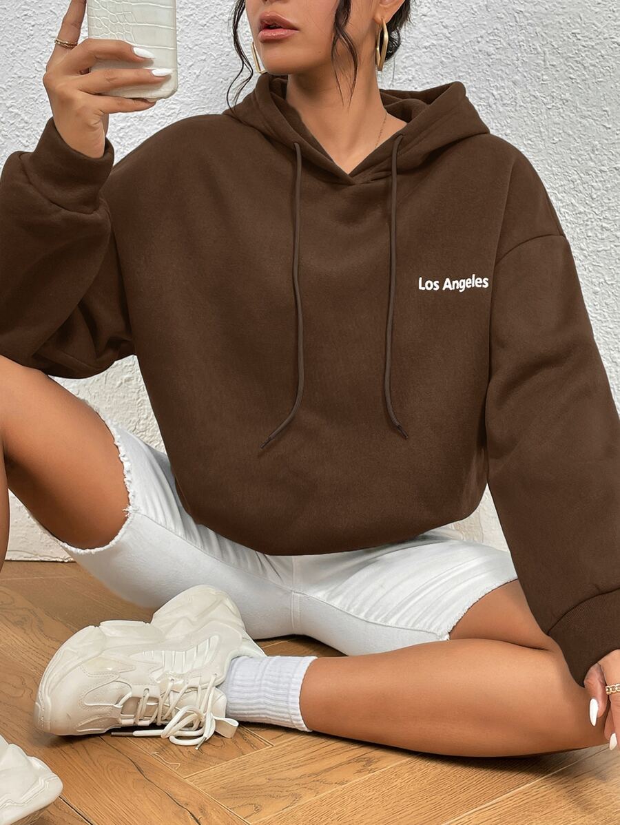 SHEIN Unity Letter Graphic Drop Shoulder Thermal Lined Drawstring Hoodie - Coffee Brown - View 1