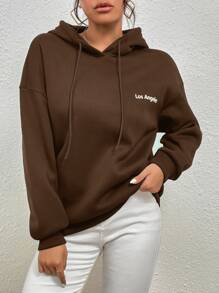 SHEIN Unity Letter Graphic Drop Shoulder Thermal Lined Drawstring Hoodie - Coffee Brown - View 3