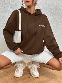 SHEIN Unity Letter Graphic Drop Shoulder Thermal Lined Drawstring Hoodie - Coffee Brown - View 4