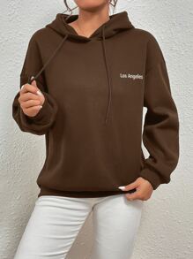 SHEIN Unity Letter Graphic Drop Shoulder Thermal Lined Drawstring Hoodie - Coffee Brown - View 5