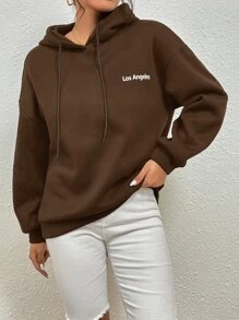 SHEIN Unity Letter Graphic Drop Shoulder Thermal Lined Drawstring Hoodie - Coffee Brown - View 6